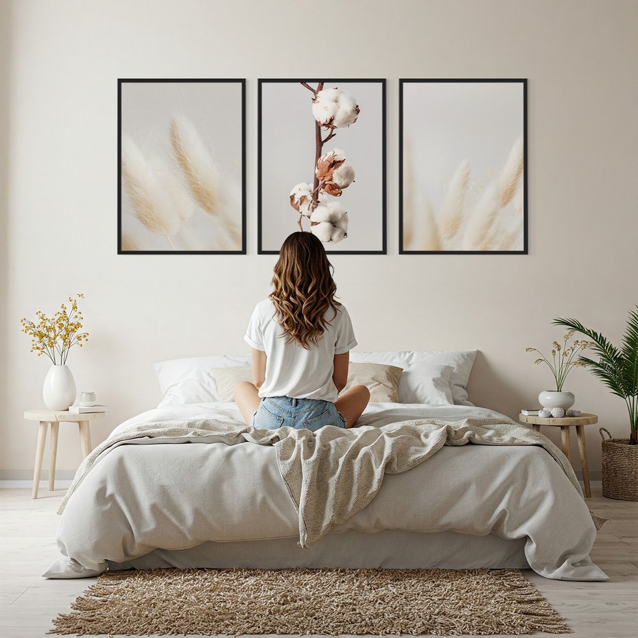 Zestaw obrazy w ramie, plakaty - bawełna, trawa, puszysty - rama czarna