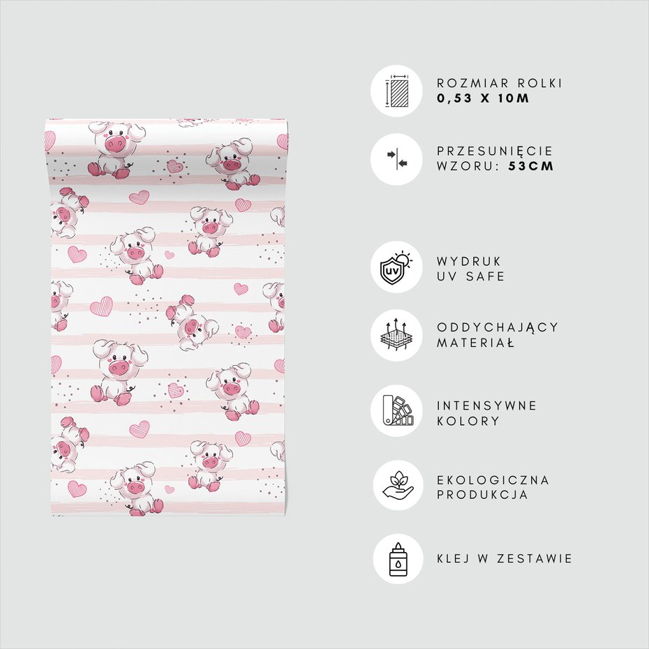 Tapeta - dziecięca, świnka, serca, kropki