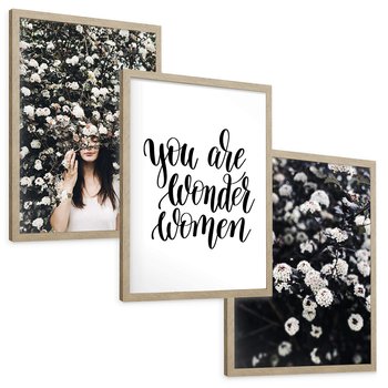Zestaw obrazy w ramie, plakaty - kwiaty, kobieta, napisy - rama drewno
