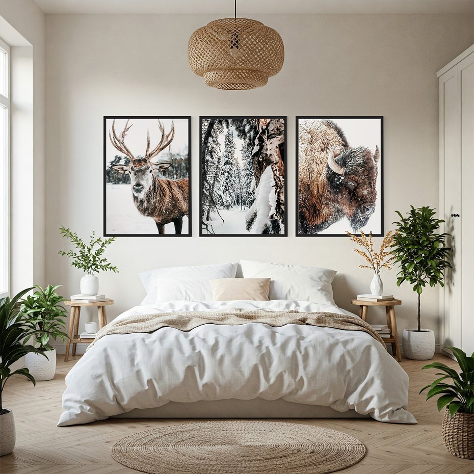 Zestaw obrazy w ramie, plakaty - zwierzęta, zima, śnieg - rama czarna