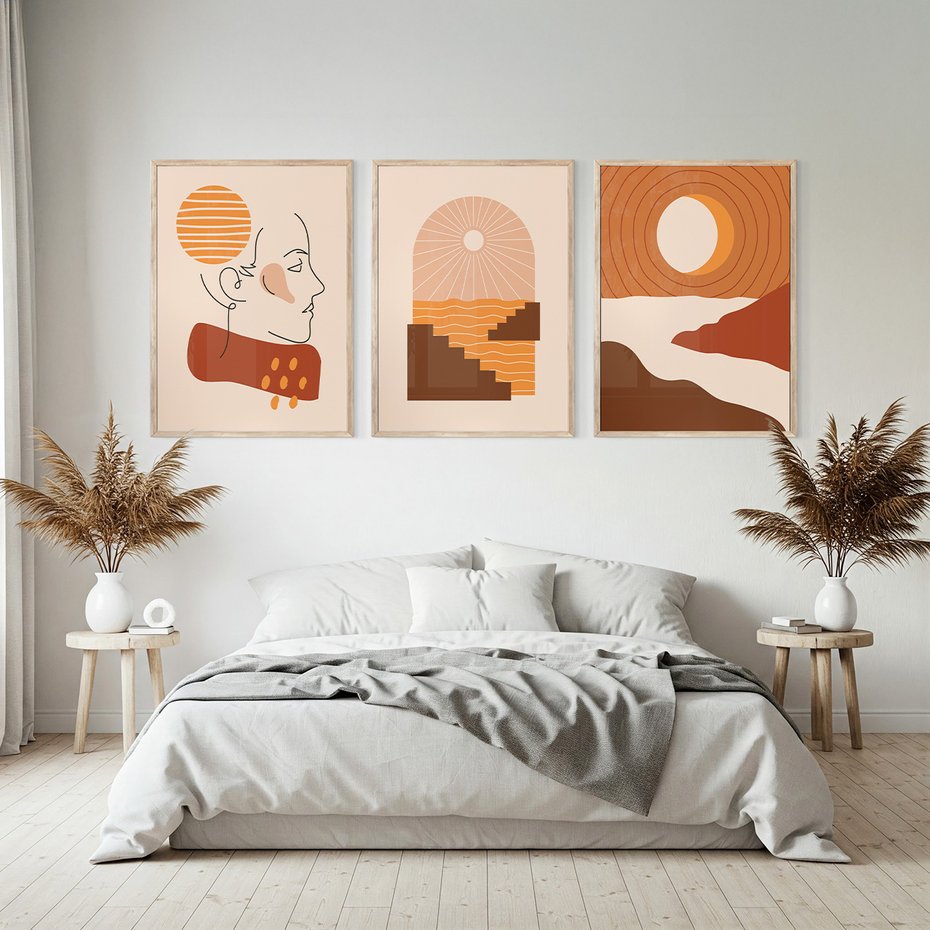 Zestaw obrazy w ramie, plakaty - abstrakcja, boho, minimalizm - rama drewno