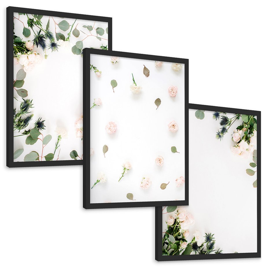 Zestaw obrazy w ramie, plakaty - kwiaty, liście, eukaliptus - rama czarna