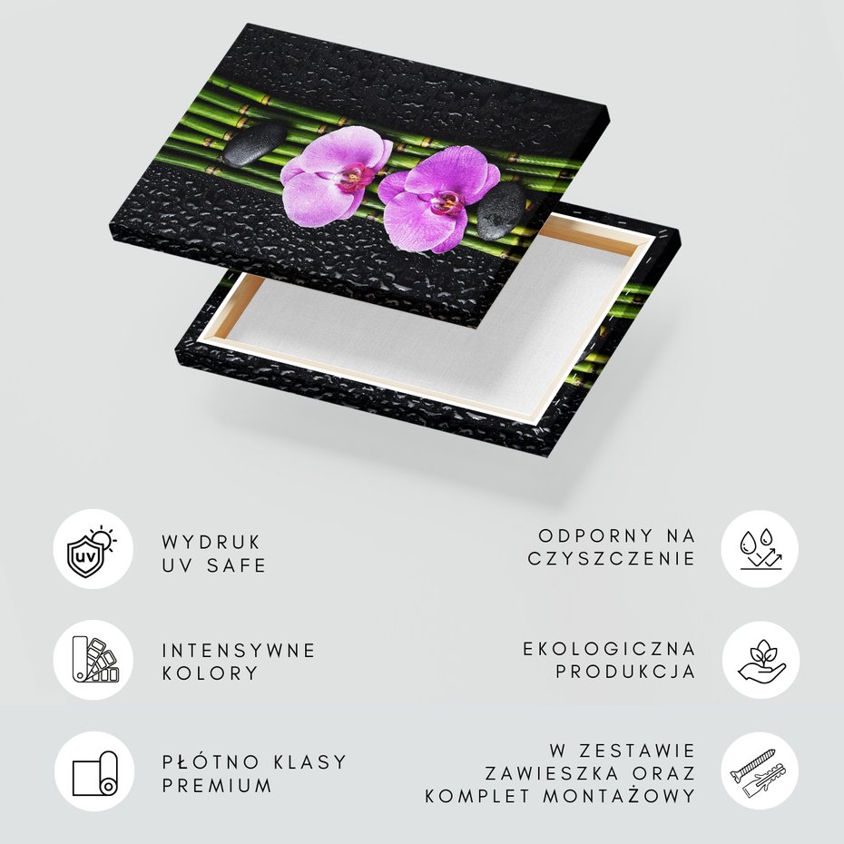 Obraz na płótnie - kwiaty, bambus, kamienie