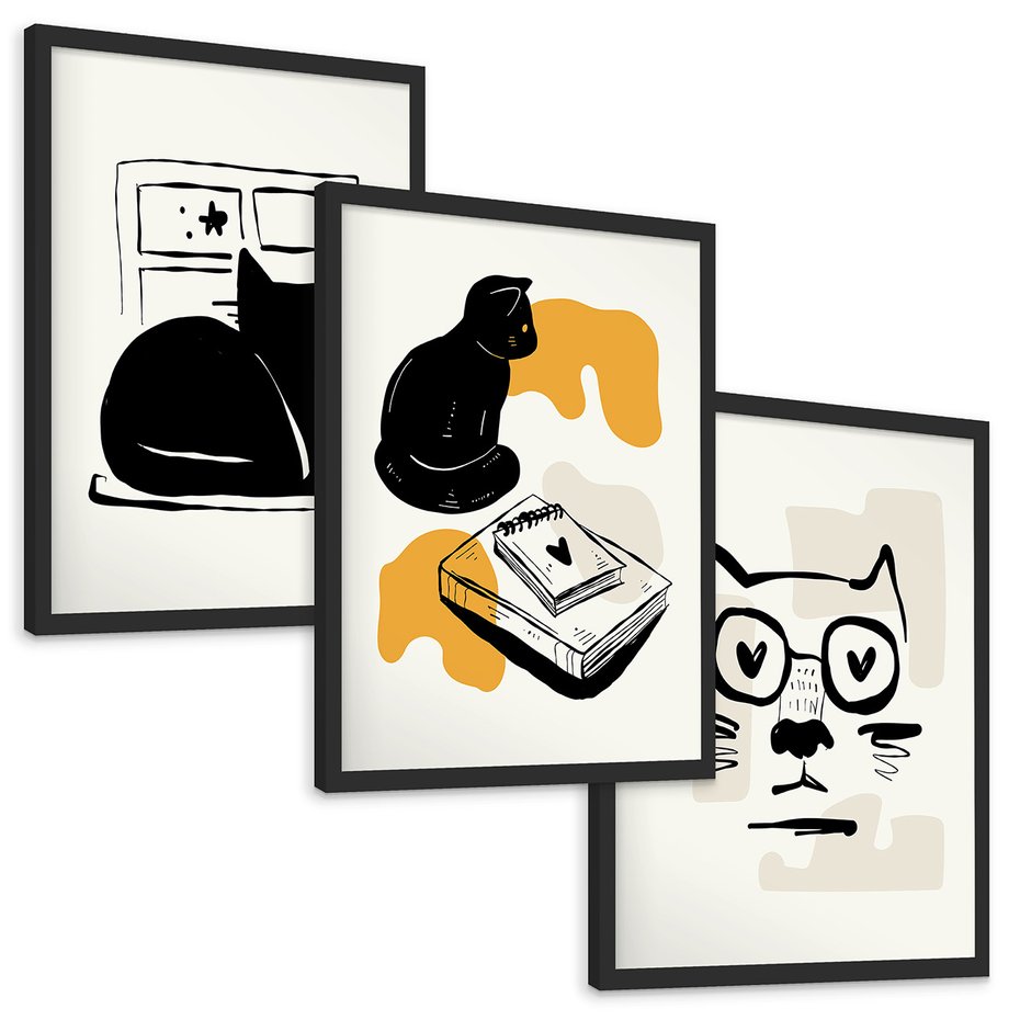 Zestaw obrazy w ramie, plakaty - kot, ilustracja, grafika - rama czarna