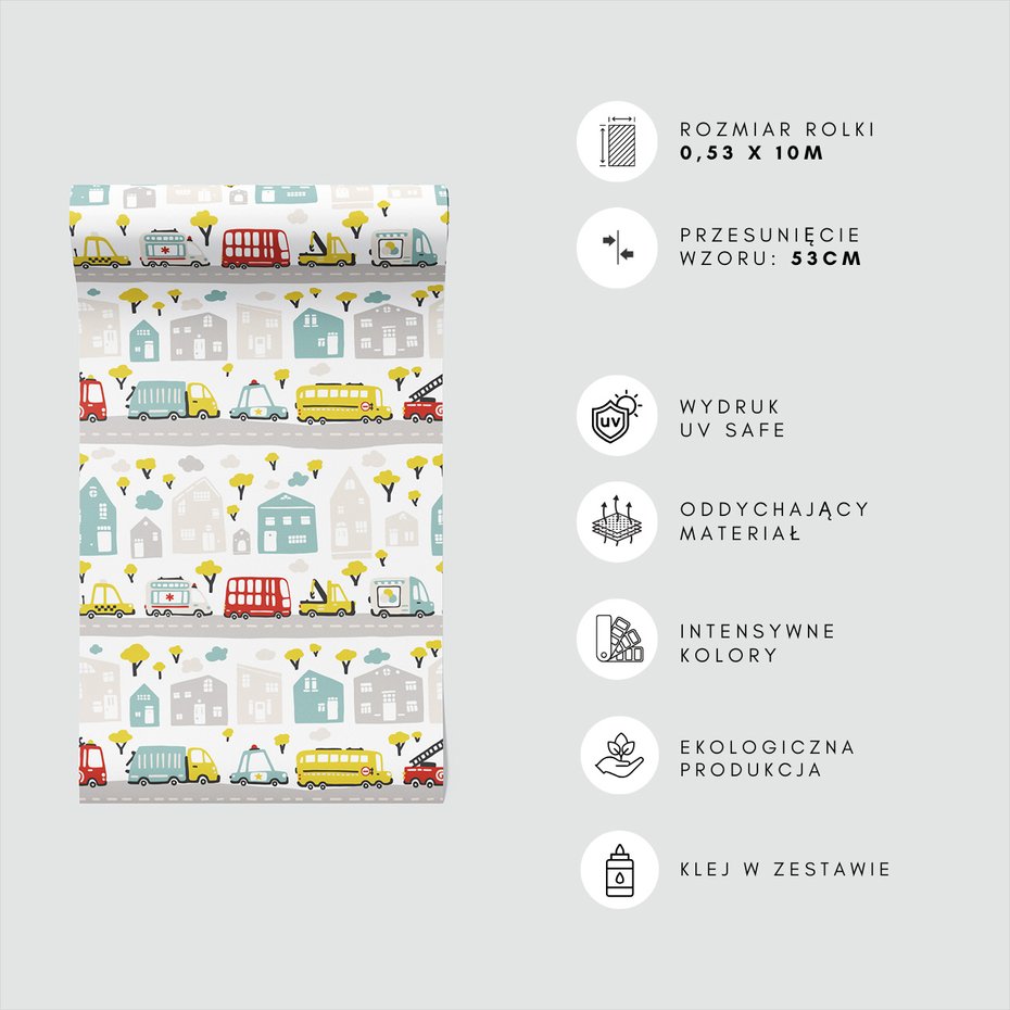 Tapeta - dziecięca, miasto, pojazdy, drzewa