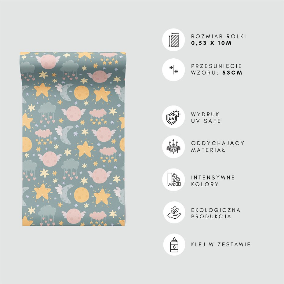 Tapeta - dziecięca, gwiazdy, księżyce, chmury