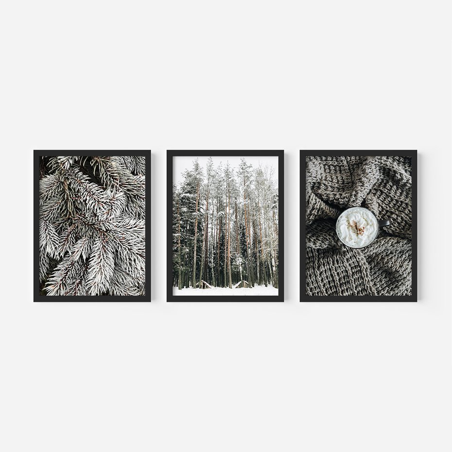 Zestaw obrazy w ramie, plakaty - zima, śnieg, las - rama czarna