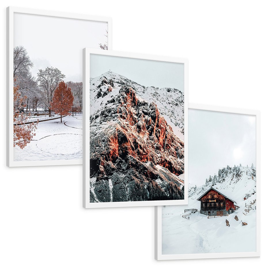 Zestaw obrazy w ramie, plakaty - zima, śnieg, góry - rama biała