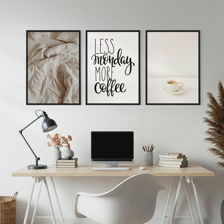 Zestaw obrazy w ramie, plakaty - kawa, łóżko, minimalizm - rama czarna