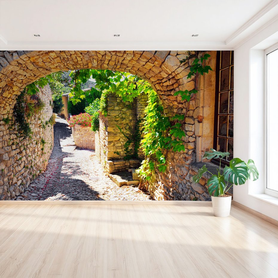 Fototapeta - uliczka, kamień, kwiaty