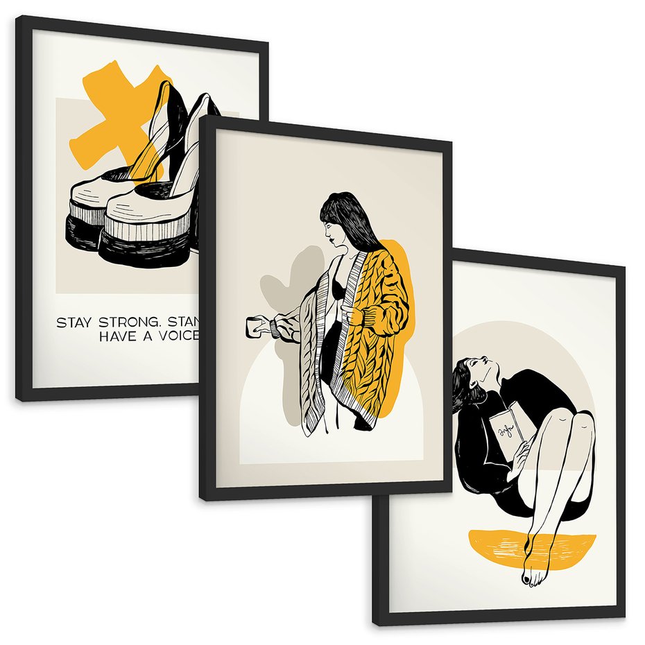 Zestaw obrazy w ramie, plakaty - kobiety, buty, moda - rama czarna