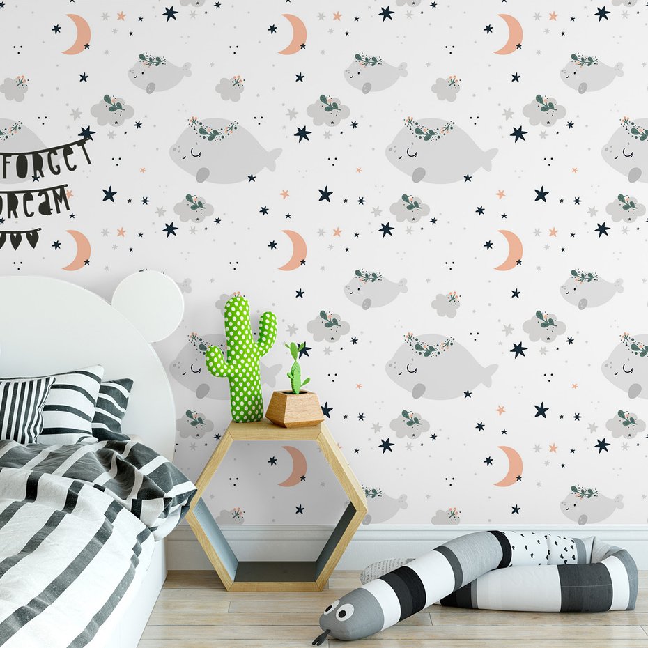 Tapeta - dziecięca, wieloryby, gwiazdy, księżyc