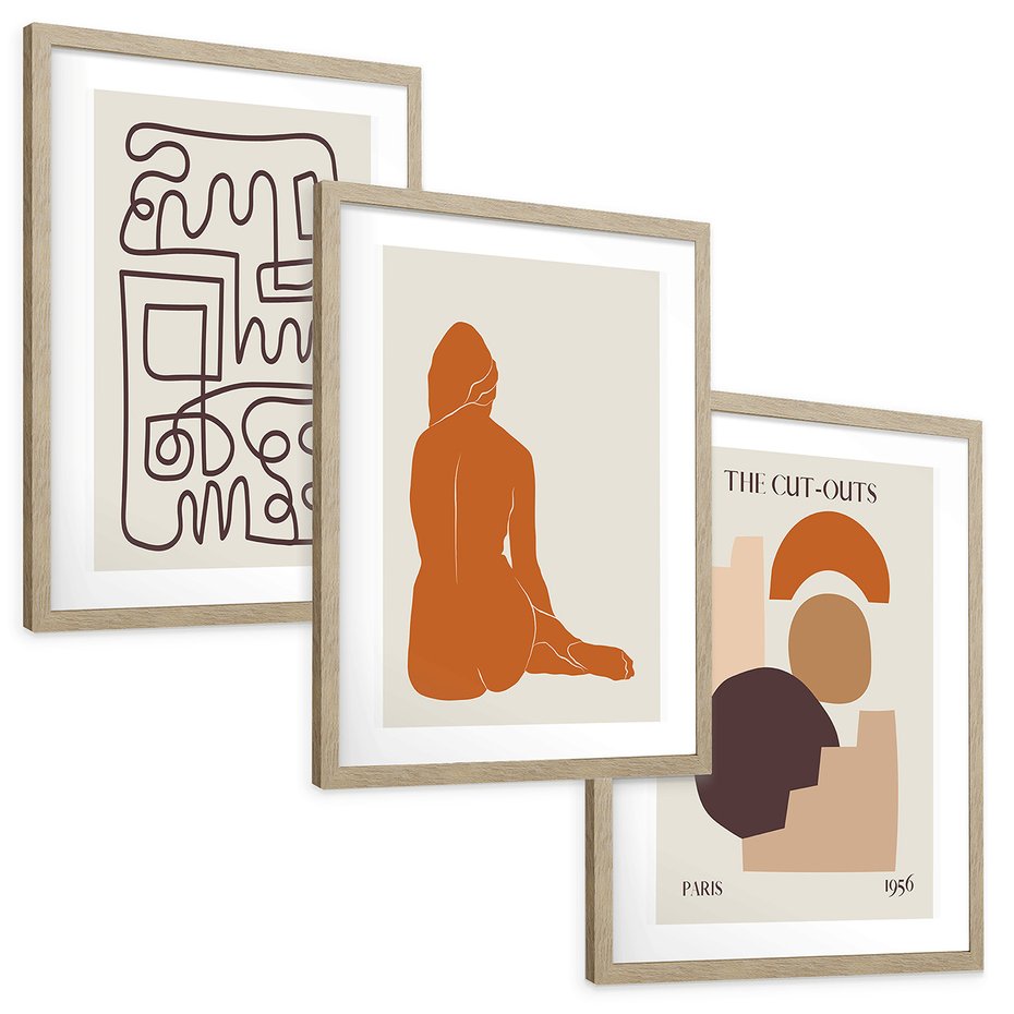 Zestaw obrazy w ramie, plakaty - abstrakcja,linie,figury - rama drewno