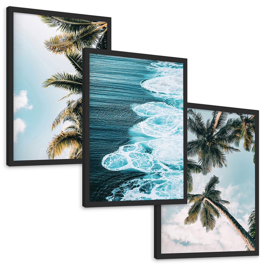 Zestaw obrazy w ramie, plakaty - palmy, morze, woda - rama czarna