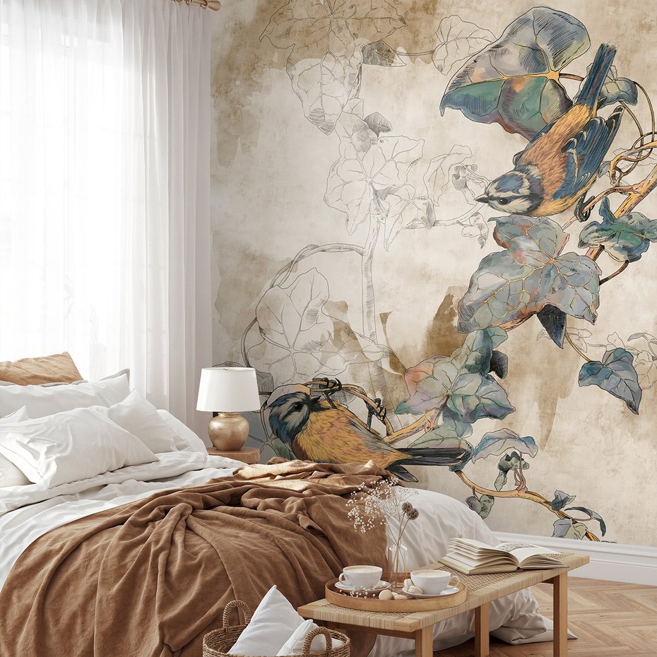 Fototapeta - beton, ptaki, liście