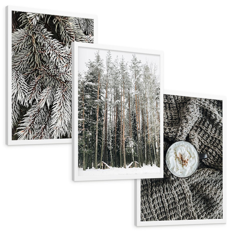 Zestaw obrazy w ramie, plakaty - zima, śnieg, las - rama biała