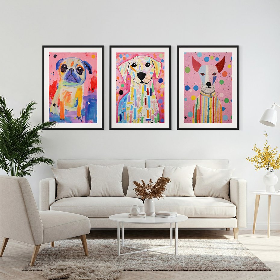 Zestaw obrazy w ramie, plakaty - zwierzęta, psy, kolorowe - rama czarna