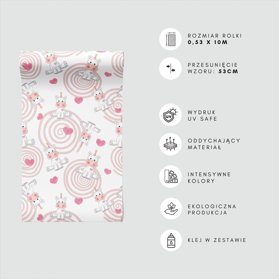 Tapeta - dziecięca, hipopotam, serce, wzór