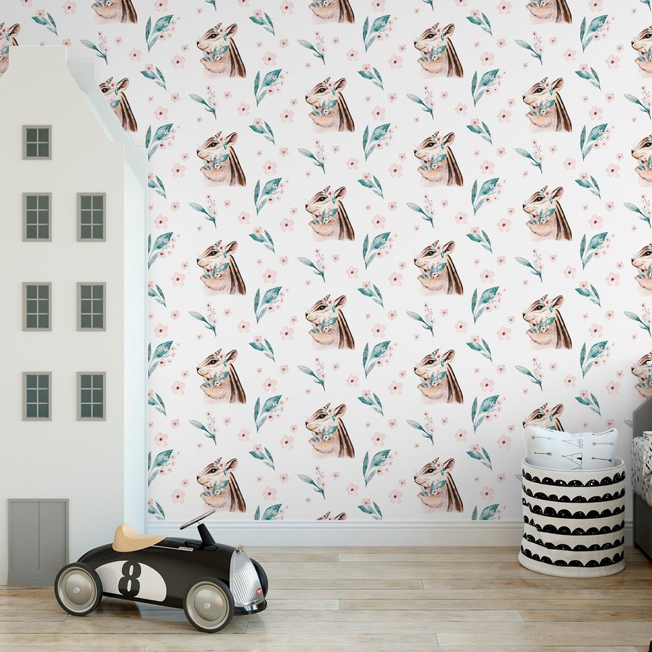 Tapeta - wiewiórka, kwiaty, liście