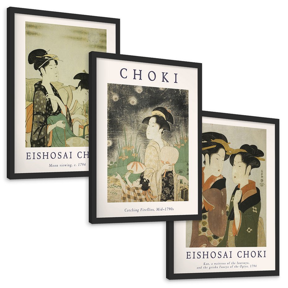 Zestaw obrazy w ramie, plakaty - japonizm, kobiety, portret - rama czarna