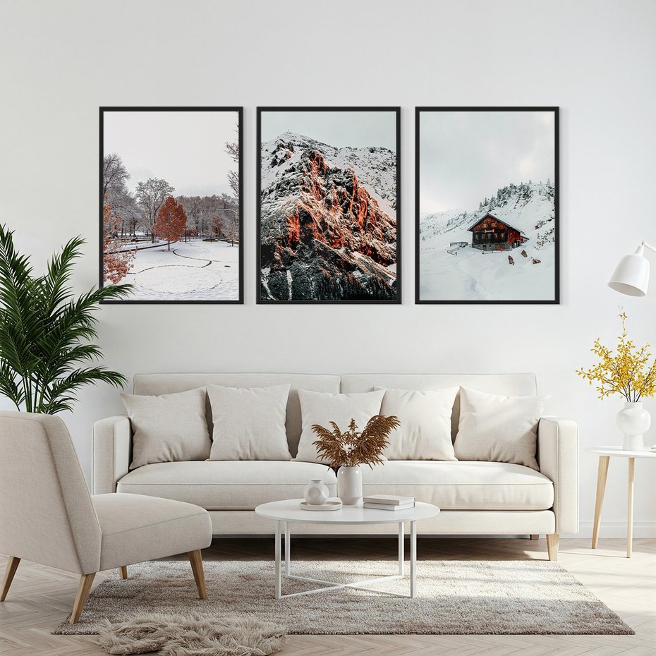 Zestaw obrazy w ramie, plakaty - zima, śnieg, góry - rama czarna