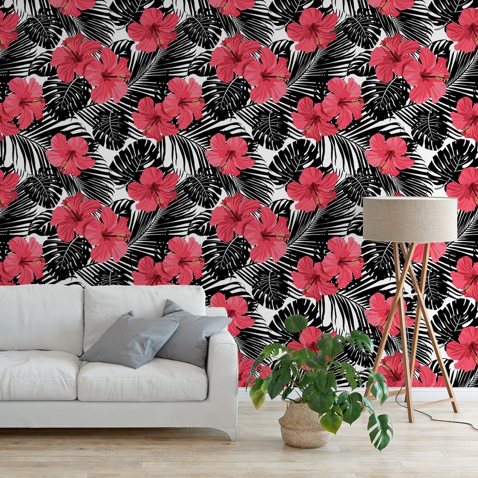 Tapeta - hibiskus, liście, wzór