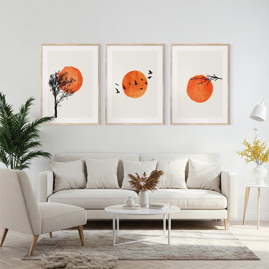 Zestaw obrazy w ramie, plakaty - Słońce, Ptaki, Drzewa - rama drewno