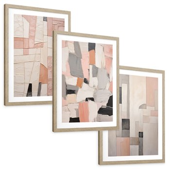 Zestaw obrazy w ramie, plakaty - abstrakcja, pastelowe, geometryczne - rama drewno
