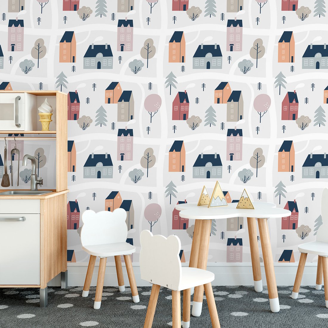 Tapeta - dziecięca, domy, drzewa,