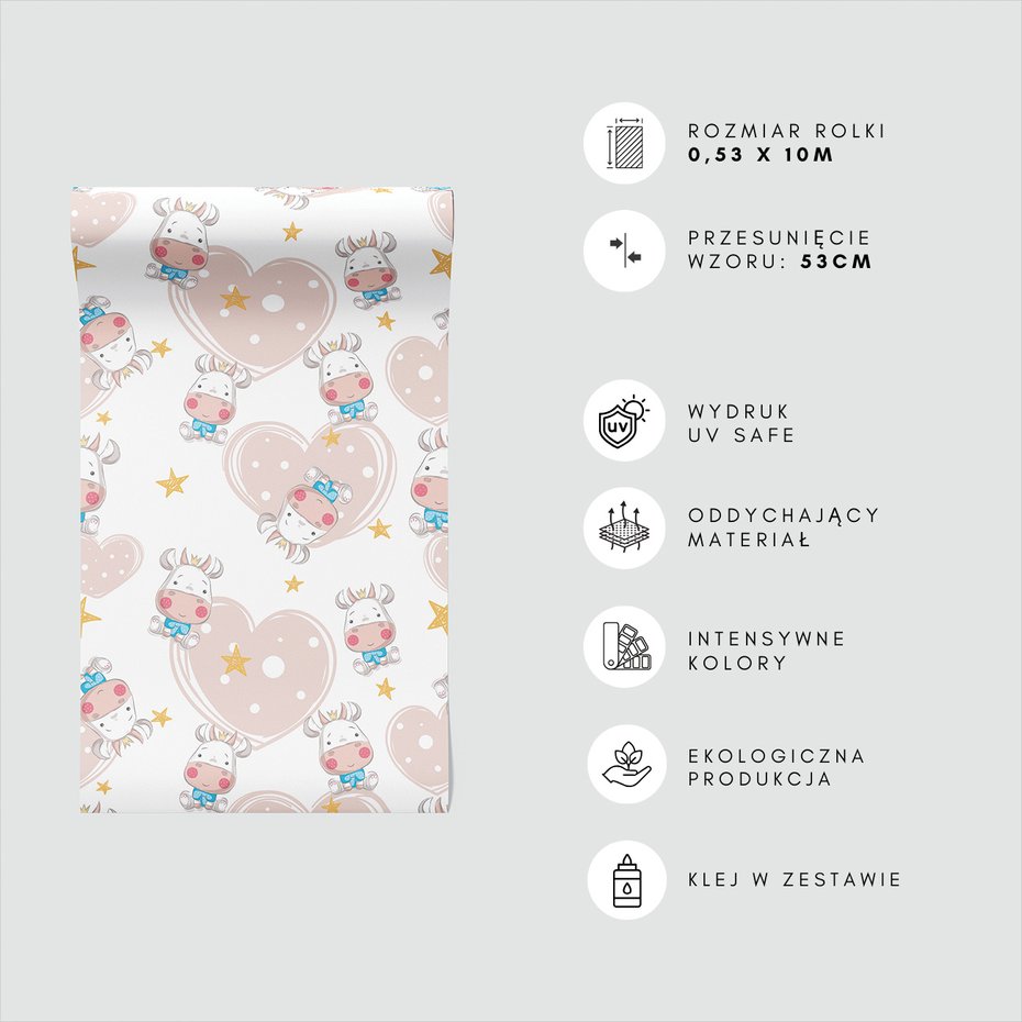 Tapeta - dziecięca, krowa, serce, gwiazda