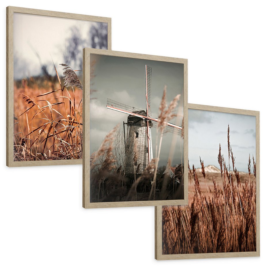 Zestaw obrazy w ramie, plakaty - krajobraz, wiatrak, natura - rama drewno