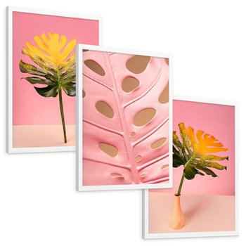 Zestaw obrazy w ramie, plakaty - liść, monstera, roślina - rama biała