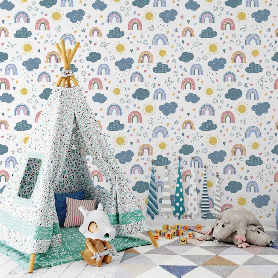 Tapeta - dziecięca, chmura, słońce, tęcza