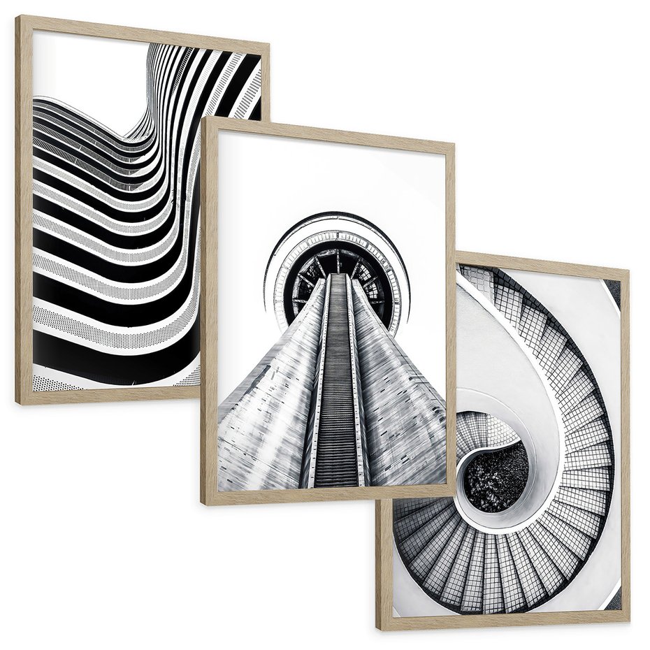 Zestaw obrazy w ramie, plakaty - struktura, schody, architektura - rama drewno