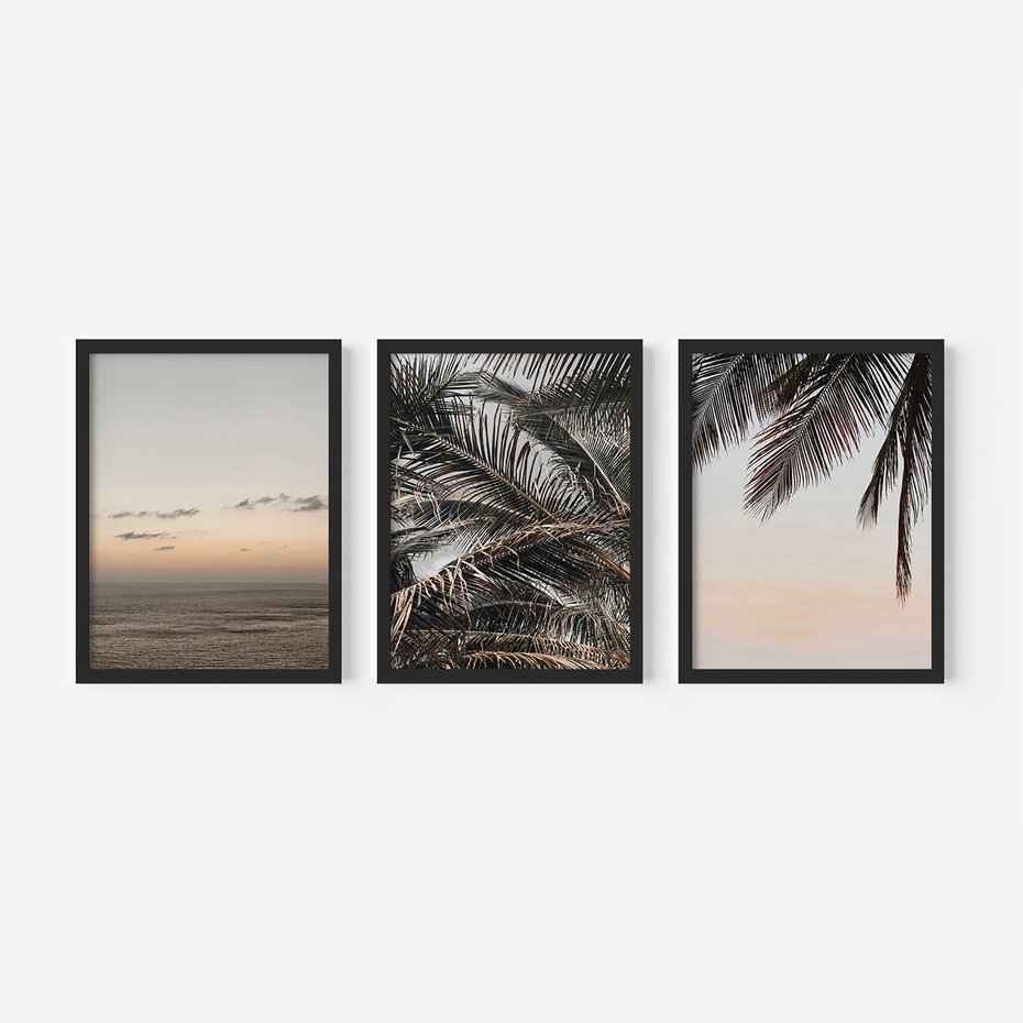 Zestaw obrazy w ramie, plakaty - palmy, ocean, liście - rama czarna