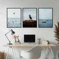 Zestaw obrazy w ramie, plakaty - ptaki, morze, łodzie - rama czarna