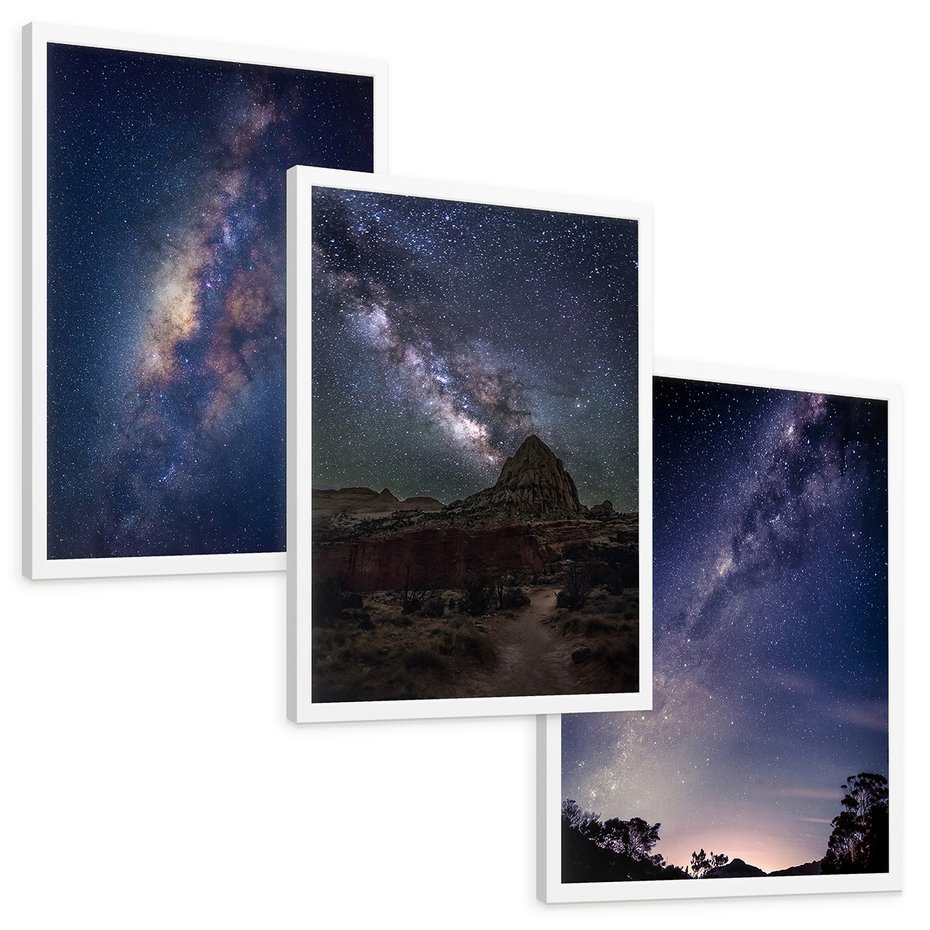 Zestaw obrazy w ramie, plakaty - gwiazdy, noc, galaktyka - rama biała