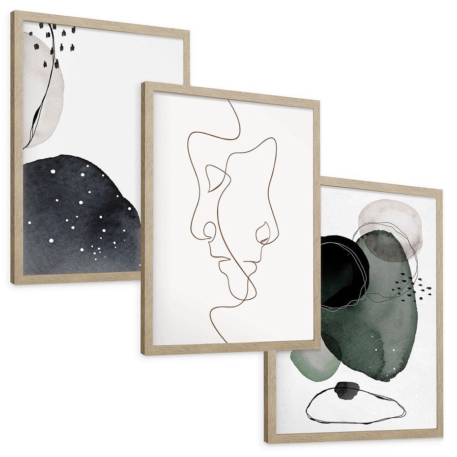 Zestaw obrazy w ramie, plakaty - abstrakcja,minimalizm,linie - rama drewno