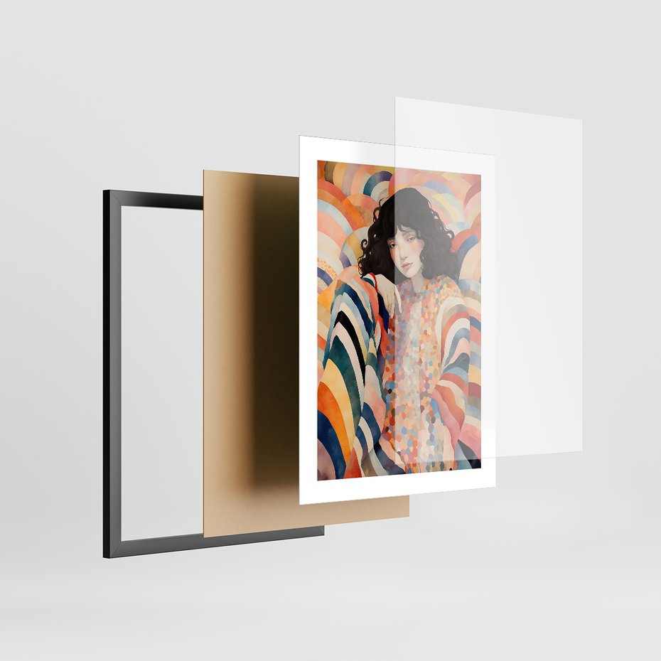 Zestaw obrazy w ramie, plakaty - kobieta, wzory, kolory, - rama czarna