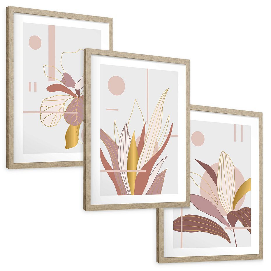 Zestaw obrazy w ramie, plakaty - liście, złoto, abstrakcja - rama drewno