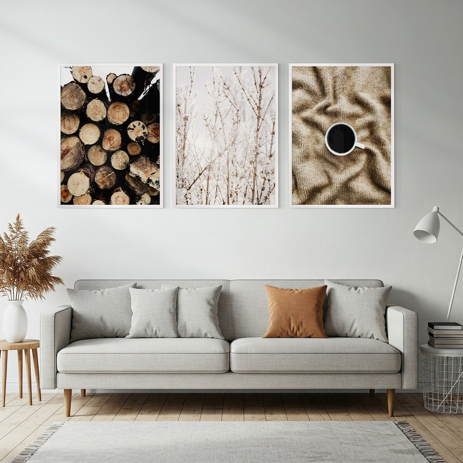 Zestaw obrazy w ramie, plakaty - drewno, zima, sweter - rama biała