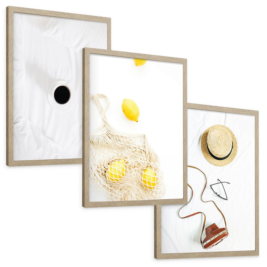 Zestaw obrazy w ramie, plakaty - śniadanie, cytryny, minimalizm - rama drewno