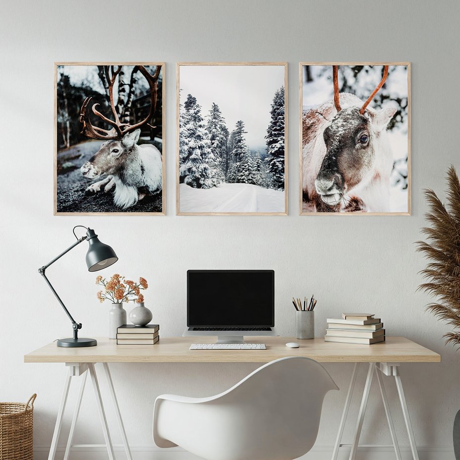 Zestaw obrazy w ramie, plakaty - renifer, zima, śnieg - rama drewno