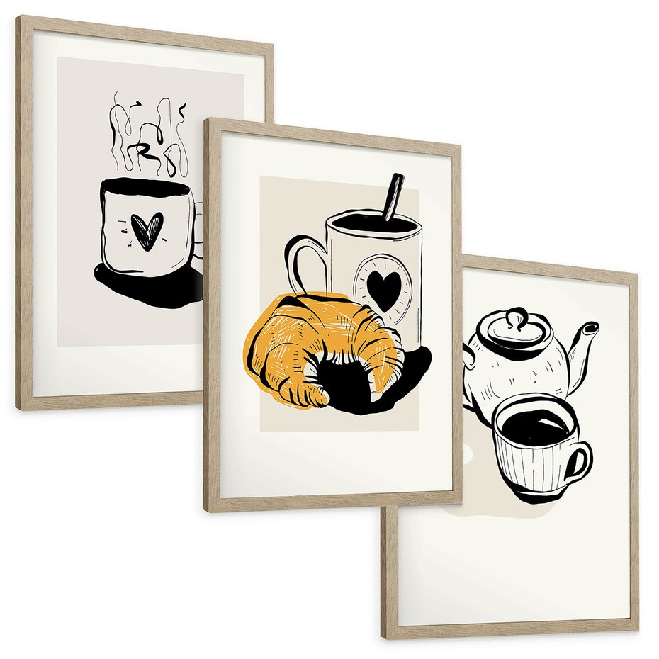 Zestaw obrazy w ramie, plakaty - kawa, filiżanka, croissant - rama drewno