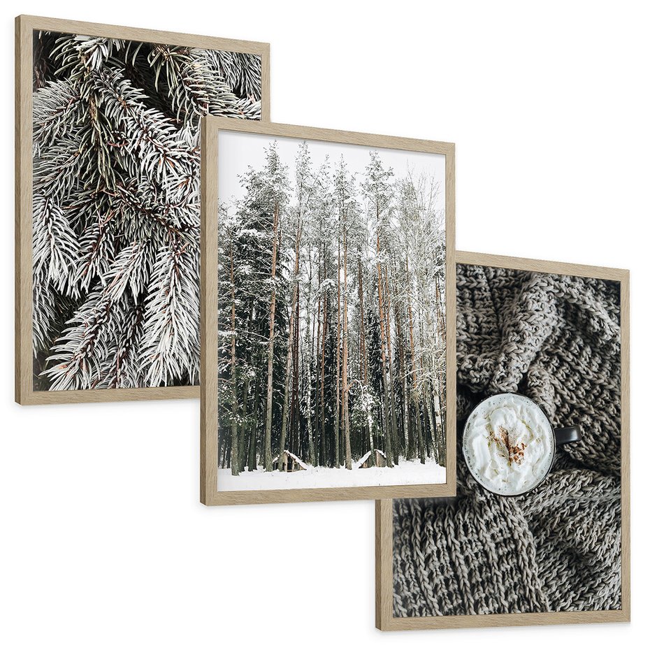 Zestaw obrazy w ramie, plakaty - zima, śnieg, las - rama drewno