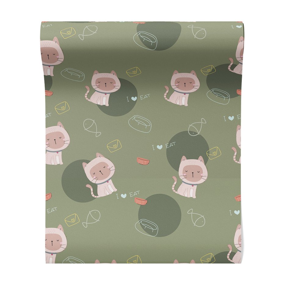 Tapeta - dziecięca, koty, miski, ryby