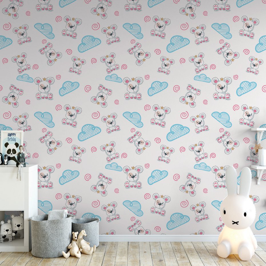 Tapeta - dziecięca, miś, chmura, wzór