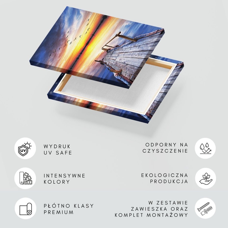 Obraz na płótnie - pomost, zachód słońca, ptaki