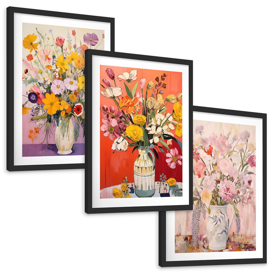 Zestaw obrazy w ramie, plakaty - kwiaty, wazon, bukiet - rama czarna
