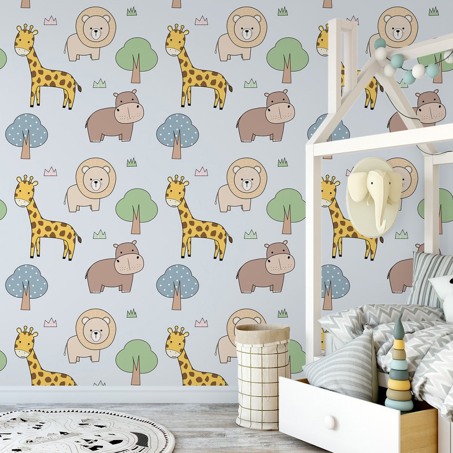 Tapeta - dziecięca, żyrafa, lew, hipopotam